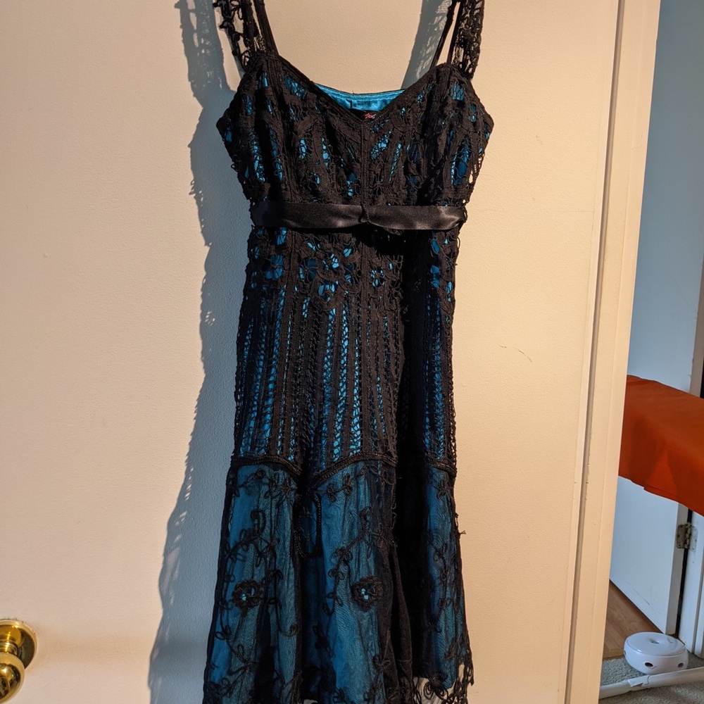 Vintage Betsey Johnson black and blue lace dress size 0.
